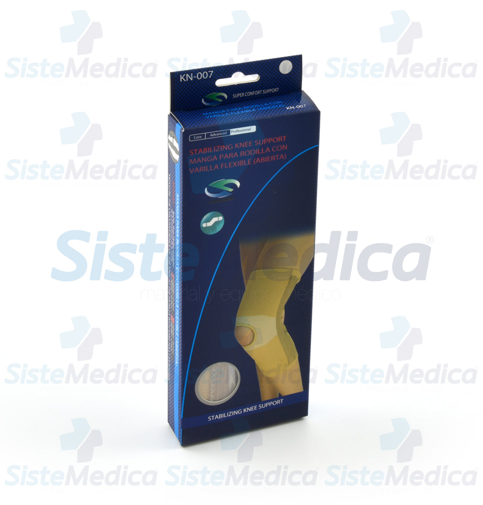 Rodillera con orificio para rotula y varillas flexibles laterales
