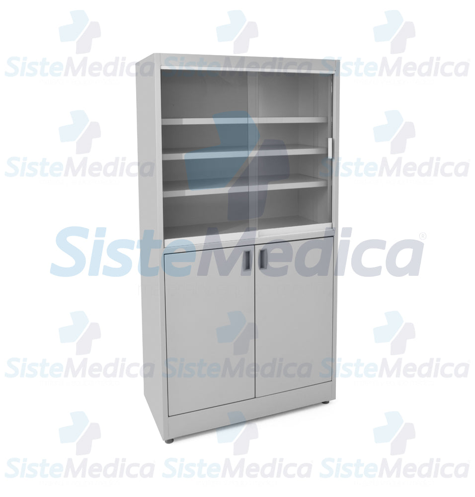 Vitrina doble con puertas corredizas de cristal esmaltada con pintura termo endurecible