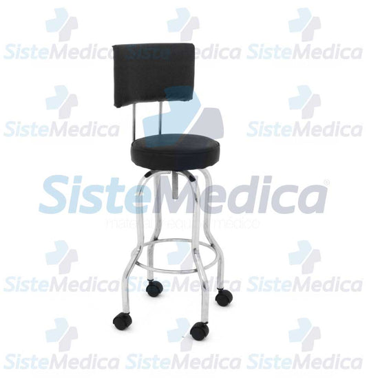 Banco giratorio con ruedas, asiento, y respaldo tapizados.