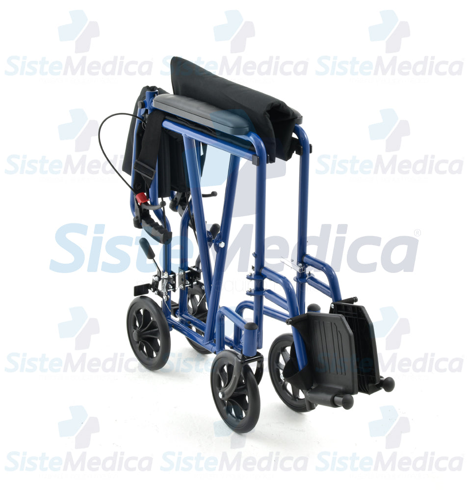 Silla de traslado de aluminio esmaltado con frenos de mano y asiento de 19”