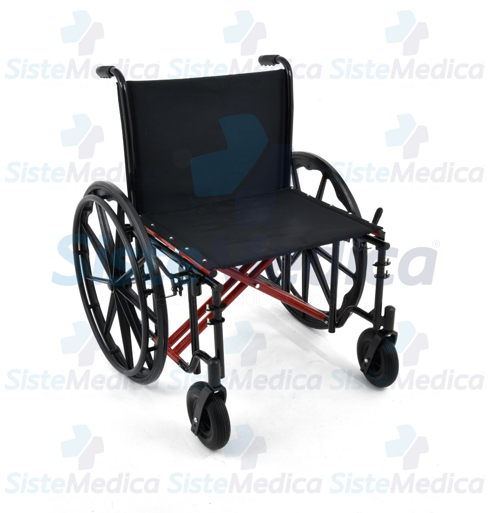 Silla de ruedas bariátrica (sobre peso) asiento 22” (60 cm) con descansa brazos cortos desmontables y eleva piernas capacidad máxima de 200 kg.