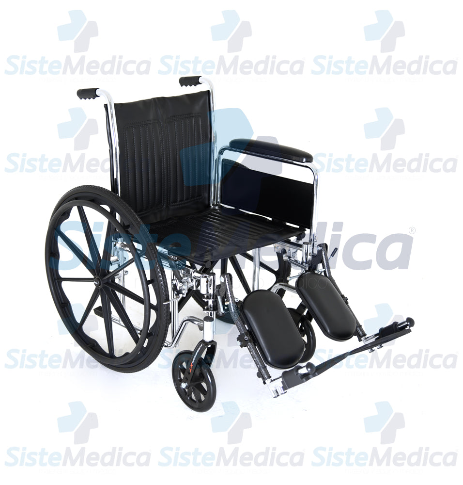 Silla de ruedas cromada de lujo, con elevadas piernas y descansa brazos largo desmontables