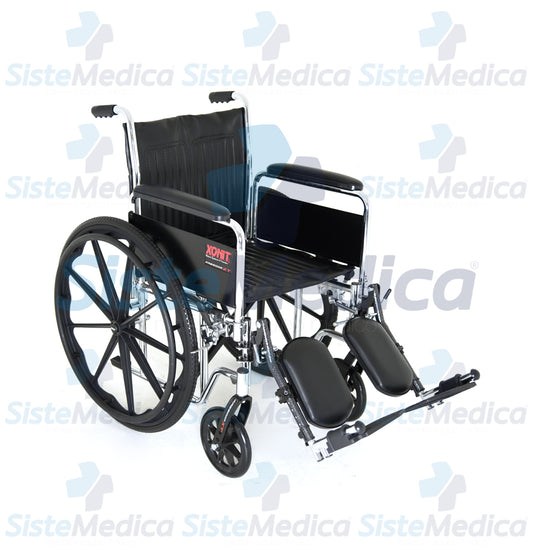Silla de ruedas cromada de lujo, con elevadas piernas y descansa brazos largo desmontables
