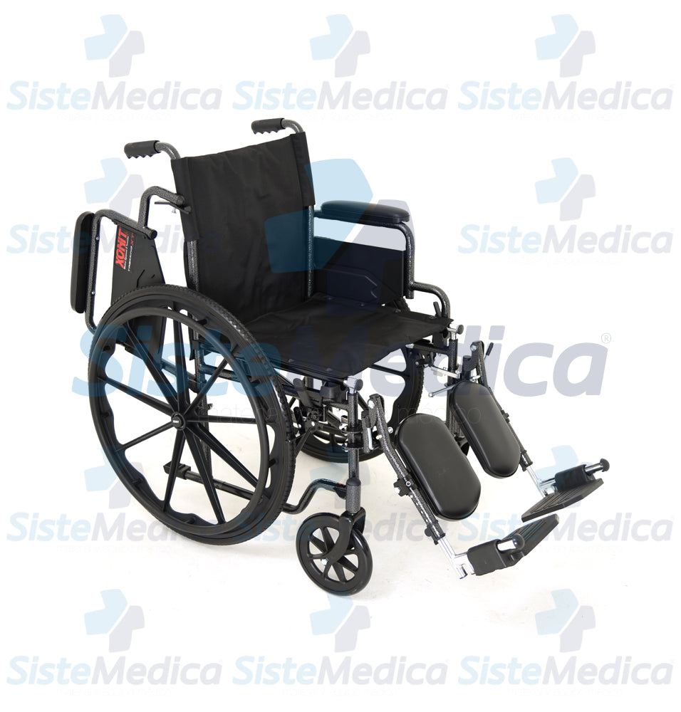 Silla de ruedas esmaltada, con eleva piernas desmontables y descansa brazos cortos abatibles