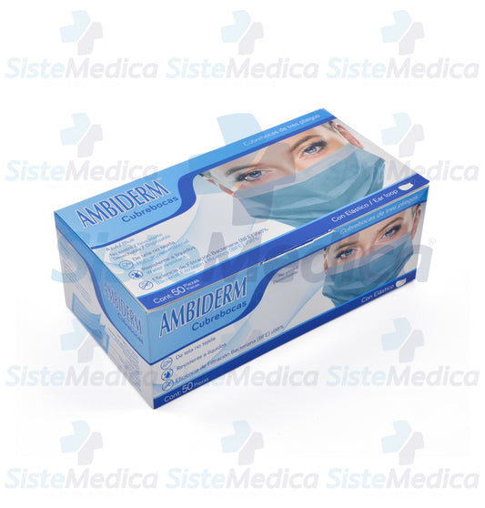 Cubrebocas de 3 pliegues Azul caja con 50 piezas