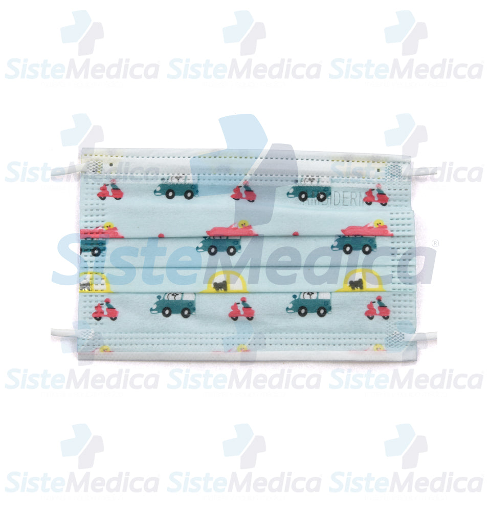 Cubrebocas de 3 pliegues Infantil con estampado de carritos caja con 50 piezas