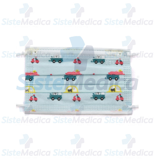Cubrebocas de 3 pliegues Infantil con estampado de carritos caja con 50 piezas