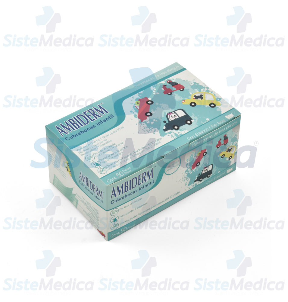 Cubrebocas de 3 pliegues Infantil con estampado de carritos caja con 50 piezas