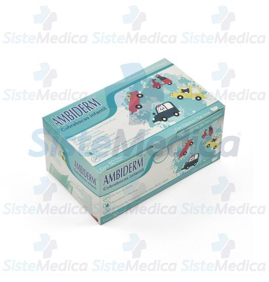 Cubrebocas de 3 pliegues Infantil con estampado de carritos caja con 50 piezas