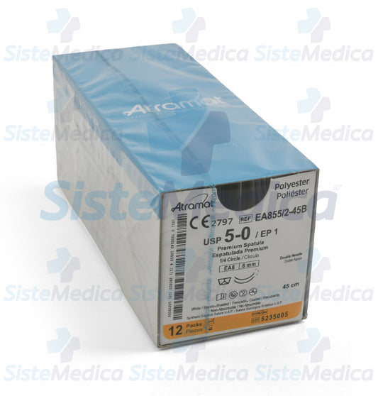 Sutura Poliéster (Ethibond Excel, Ti-Cron, PremiCron, Surgidac, Polisil, Procare) blanco trenzado recubierta de silicón 5 - 0 / EP 1 caja con 12 sobres