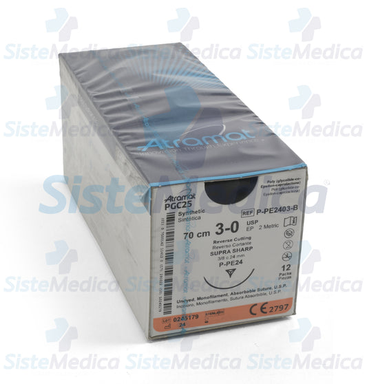 Sutura Poli (glicolida-co-epsilon-caprolactona) (PGC25, Monocryl) incoloro 3 - 0 / EP 2 métrico caja con 12 sobres