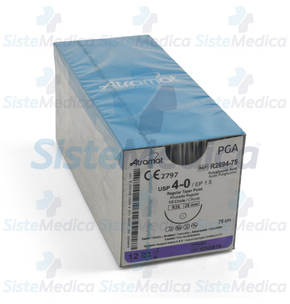 Sutura Ácido Poliglicolico (PGA, Dexon) violeta trenzado con recubrimiento 4 - 0 / EP 1.5 caja con 12 sobres