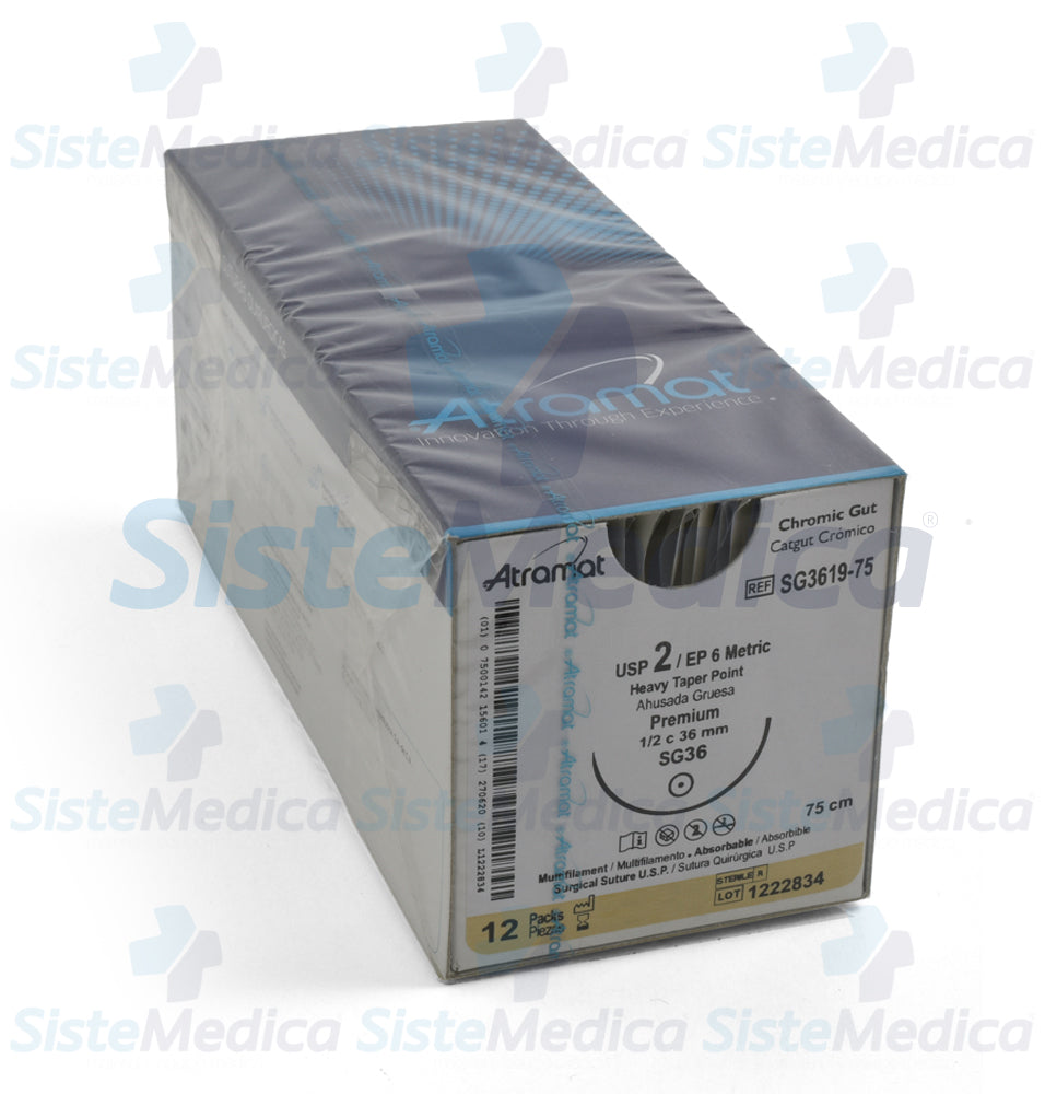 Sutura Catgut Crómico multifilamento 2 caja con 12 sobres