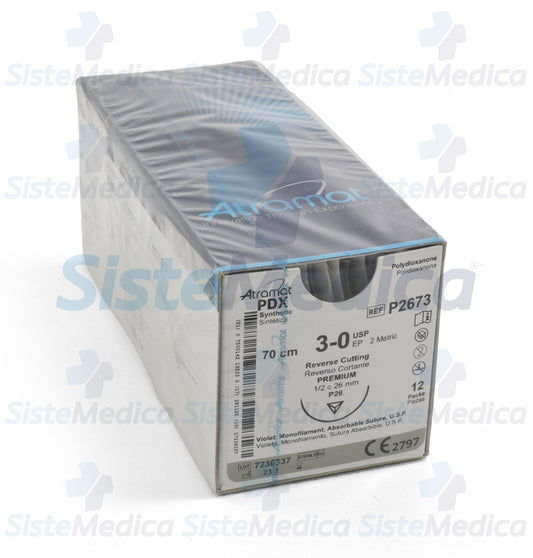 Sutura Polidioxanona (PDX, PDS, PDO) violeta monofilamento 3 -0 / EP 2 métrico caja con 12 sobres