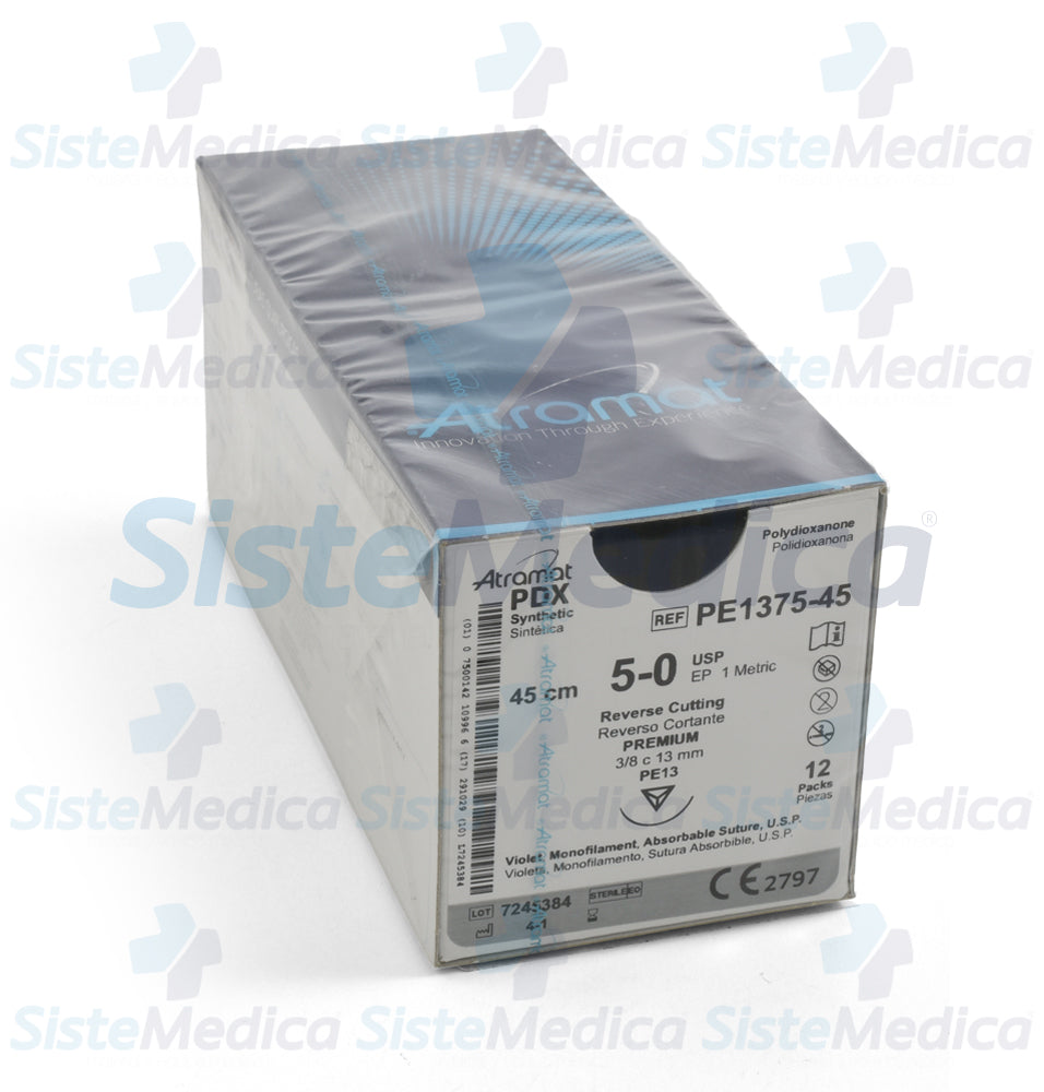 Sutura Polidioxanona (PDX, PDS, PDO) violeta monofilamento 5 - 0 / EP 1 métrico caja con 12 sobres