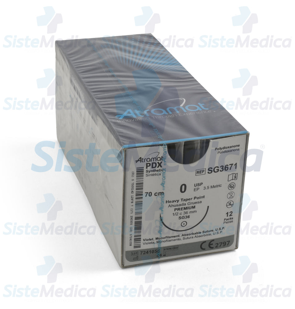 Sutura Polidioxanona (PDX, PDS, PDO) violeta monofilamento 0 / EP 3.5 métrico caja con 12 sobres