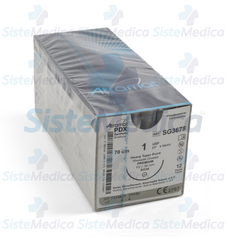 Sutura Polidioxanona (PDX, PDS, PDO) violeta monofilamento 1 / EP 4 métrico caja con 12 sobres