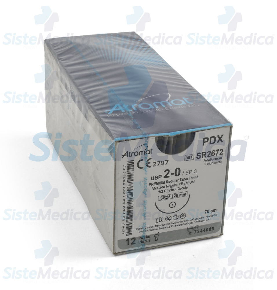 Sutura Polidioxanona (PDX, PDS, PDO) violeta monofilamento 2 -0 / EP 3 caja con 12 sobres