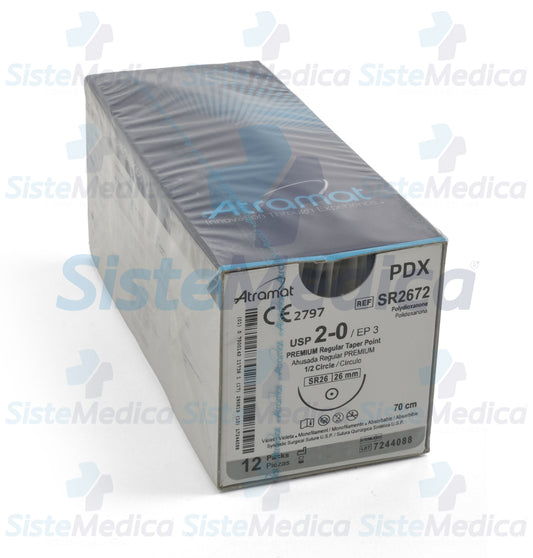 Sutura Polidioxanona (PDX, PDS, PDO) violeta monofilamento 2 -0 / EP 3 caja con 12 sobres