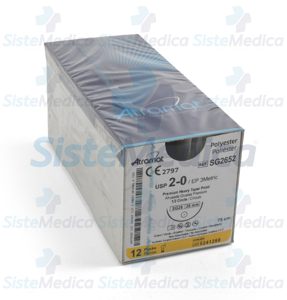 Sutura Poliéster (Ethibond Excel, Tevdek) verde trenzado recubierta de teflón 2 - 0 / EP 3 métrico caja con 12 sobres