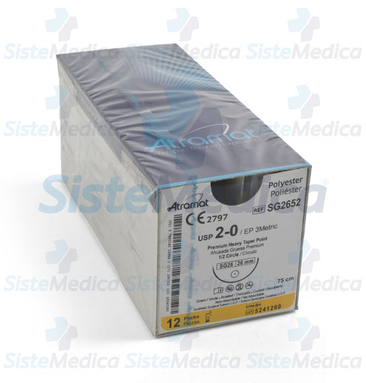 Sutura Poliéster (Ethibond Excel, Tevdek) verde trenzado recubierta de teflón 2 - 0 / EP 3 métrico caja con 12 sobres