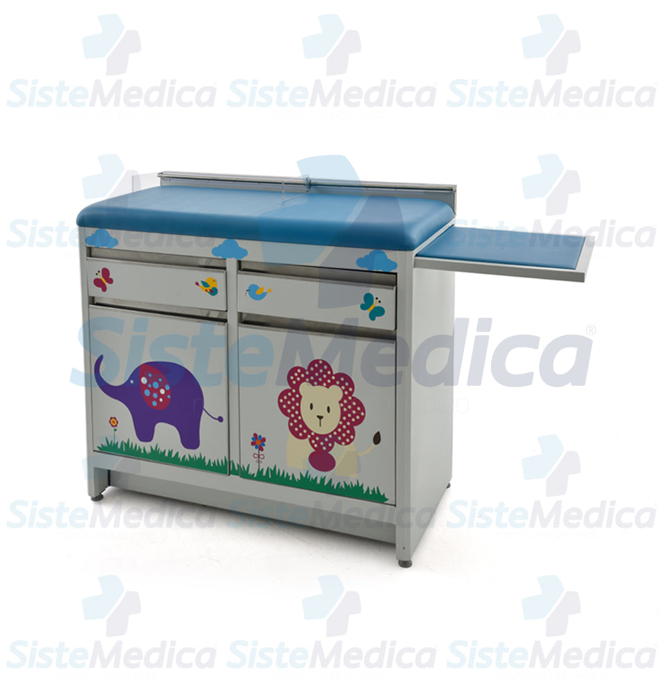 Mesa para exploración pediátrica con gabinete y cenefa