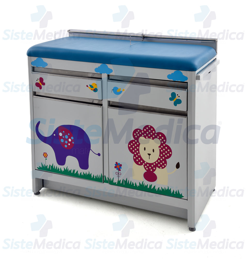 Mesa para exploración pediátrica con gabinete y cenefa