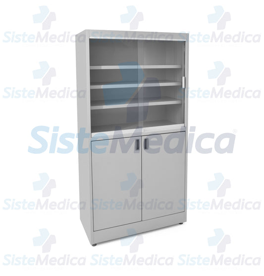 Vitrina doble con puertas corredizas de cristal esmaltada con pintura termo endurecible
