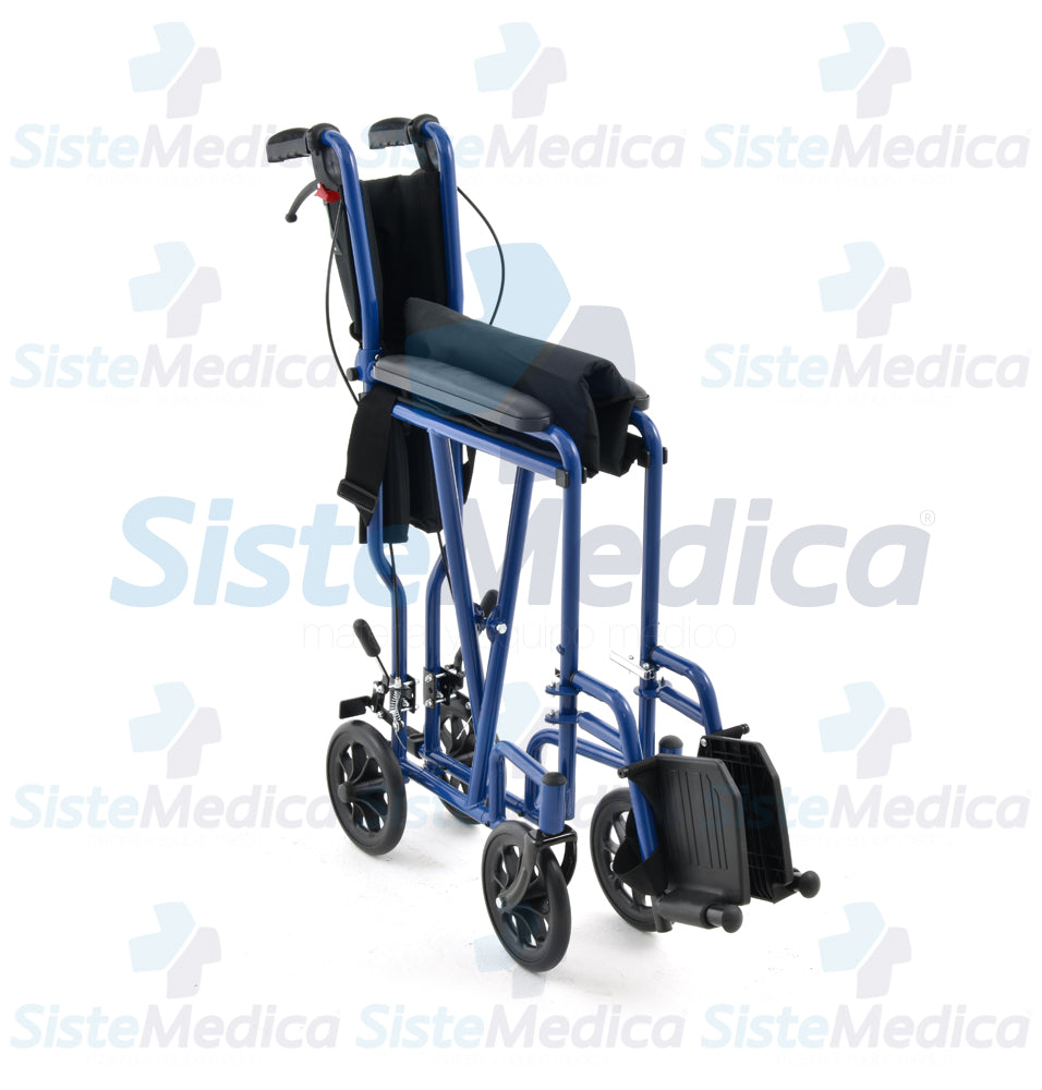 Silla de traslado de aluminio esmaltado con frenos de mano y asiento de 19”