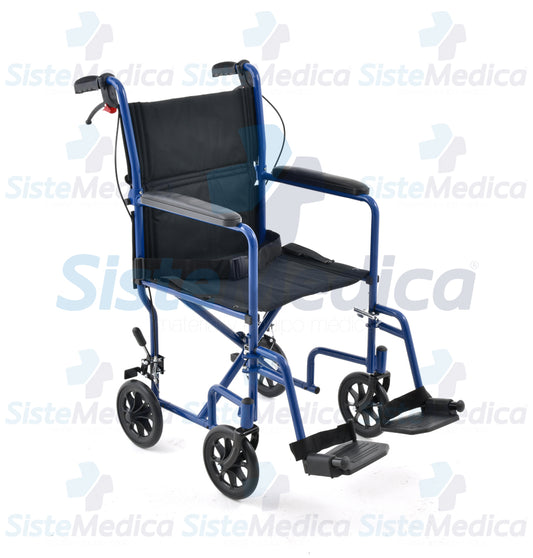 Silla de traslado de aluminio esmaltado con frenos de mano y asiento de 19”