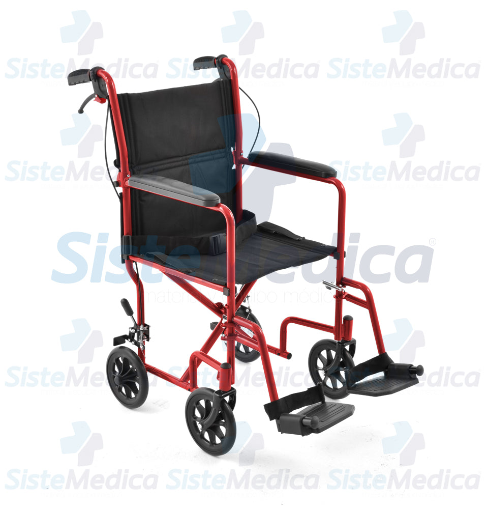 Silla de traslado de aluminio esmaltado con frenos de mano y asiento de 19”