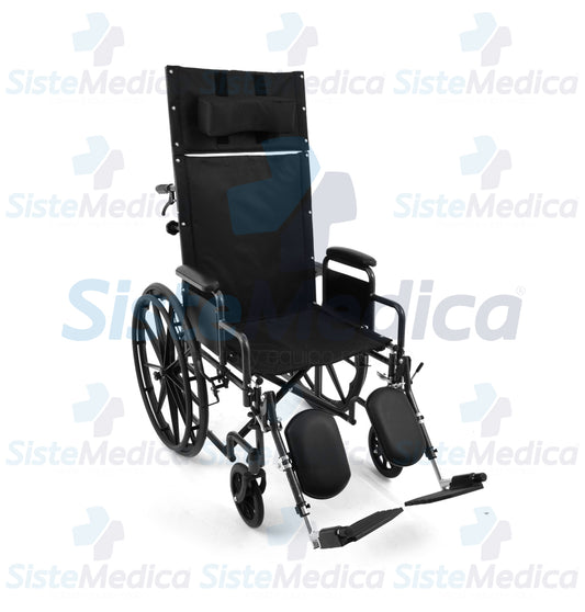 Silla de ruedas con respaldo largo reclinable descansa brazos cortos desmontables y eleva piernas asiento de 18” (46 cm)