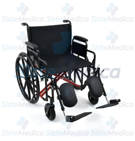 Silla de ruedas bariátrica (sobre peso) asiento 22” (60 cm) con descansa brazos cortos desmontables y eleva piernas capacidad máxima de 200 kg.