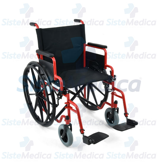 Silla de ruedas con asiento amplio de 48.26 cm / 19” con eleva piernas descansa brazos abatibles y llantas frontales anchas