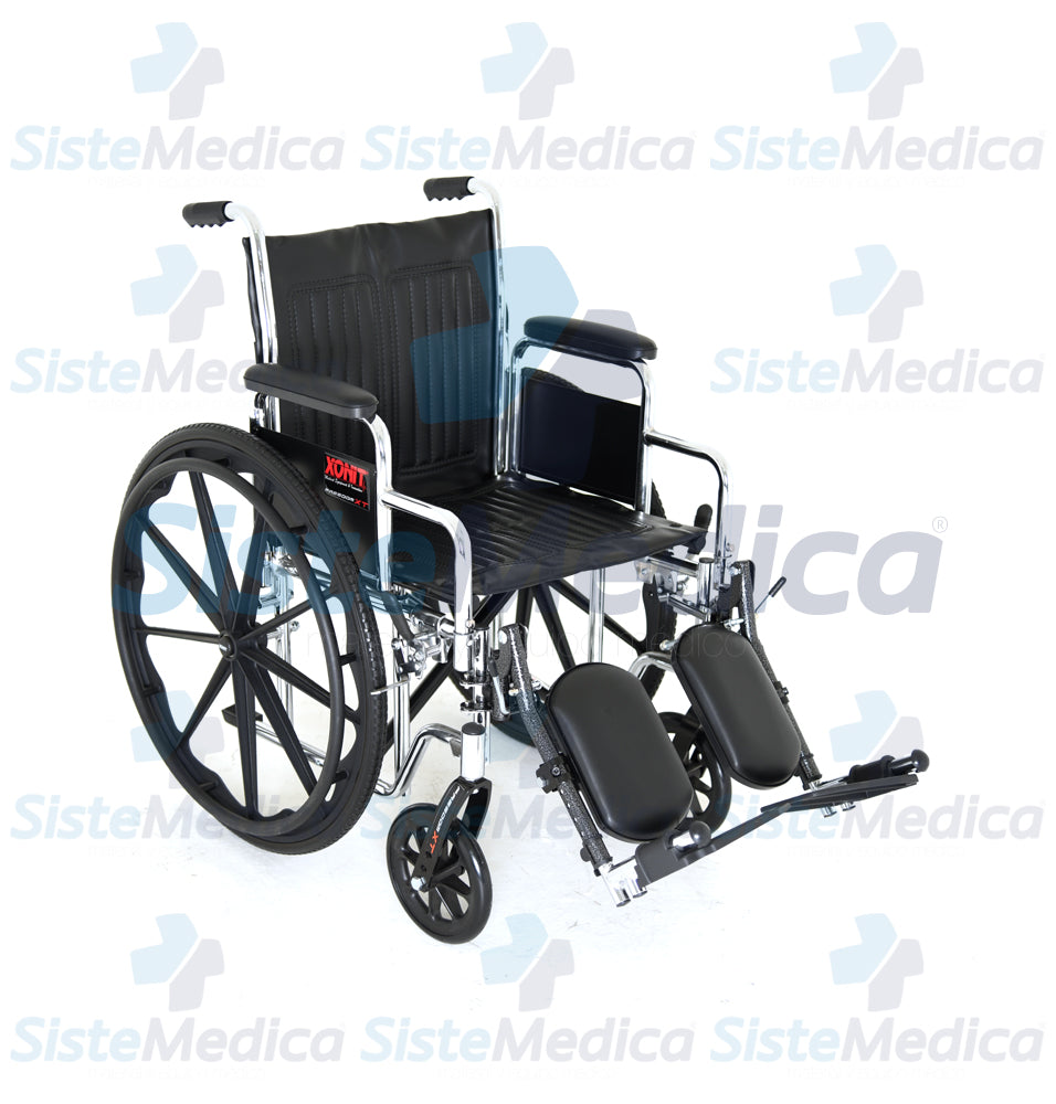 Silla de ruedas cromada de lujo, con elevadas piernas y descansa brazos corto desmontables