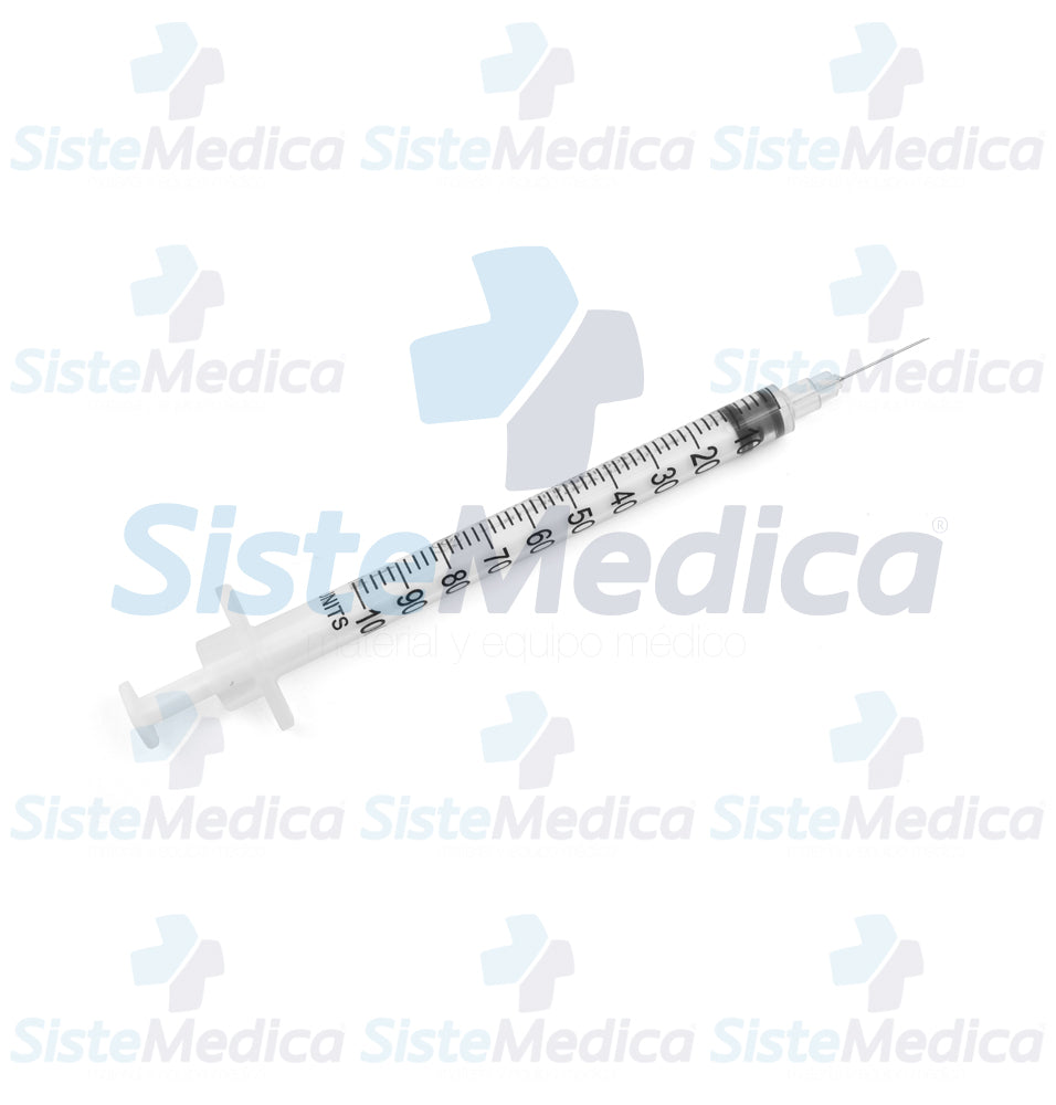Jeringa para insulina de 1 ml con aguja integrada de 30G x 13 mm caja con 100 piezas