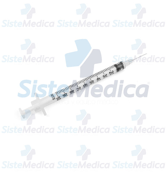 Jeringa para insulina de 1 ml con aguja integrada de 30G x 13 mm caja con 100 piezas