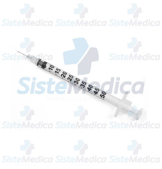 Jeringa para insulina de 0.5 ml con aguja integrada de 31G x 8 mm caja con 100 piezas