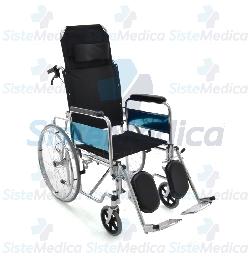 Silla de ruedas reclinable tipo cama cromada asiento 18” (45.72 cm) y respaldo de nylon con rines de rayos de aluminio
